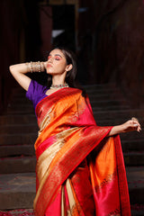 Orange Red Rangkat Handwoven Raw Silk Saree - Chinaya Banaras