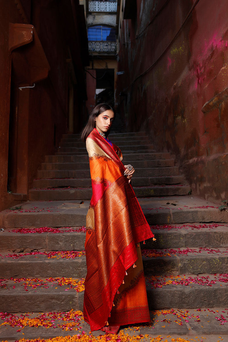 Orange Red Rangkat Handwoven Raw Silk Saree - Chinaya Banaras