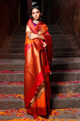 Orange Red Rangkat Handwoven Raw Silk Saree - Chinaya Banaras