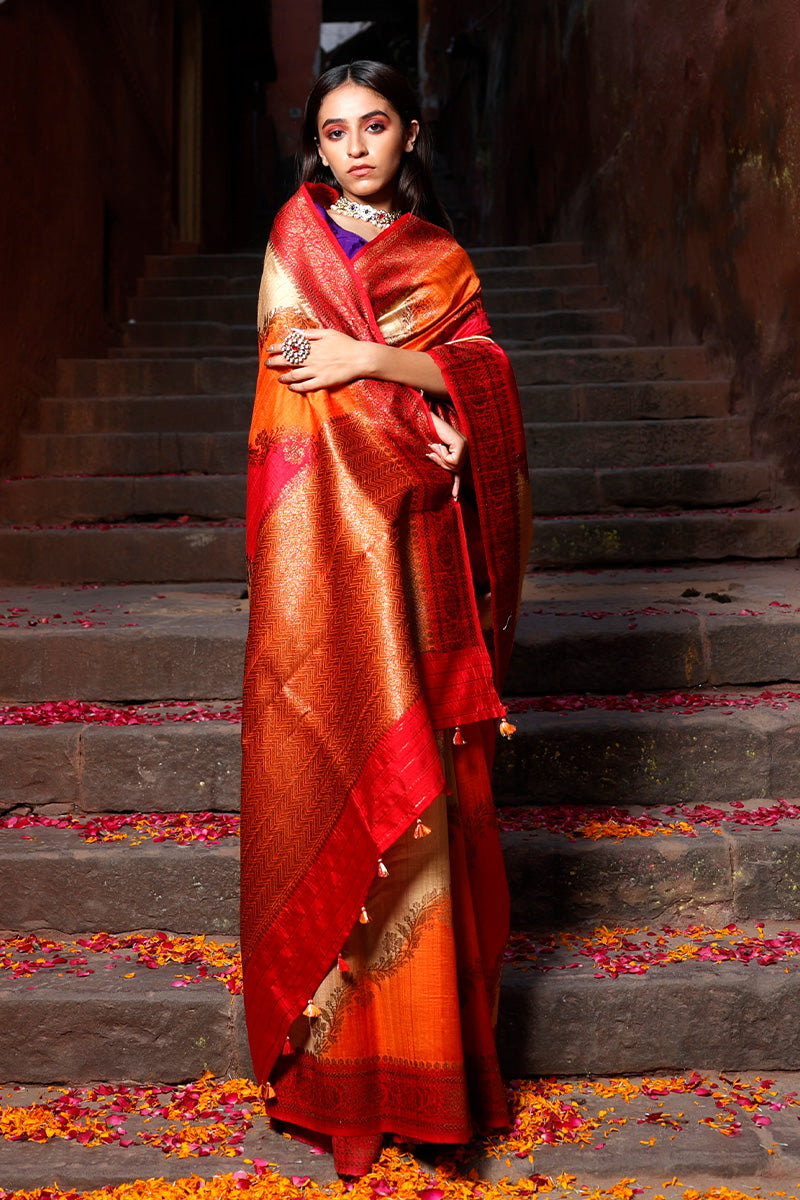 Orange Red Rangkat Handwoven Raw Silk Saree - Chinaya Banaras