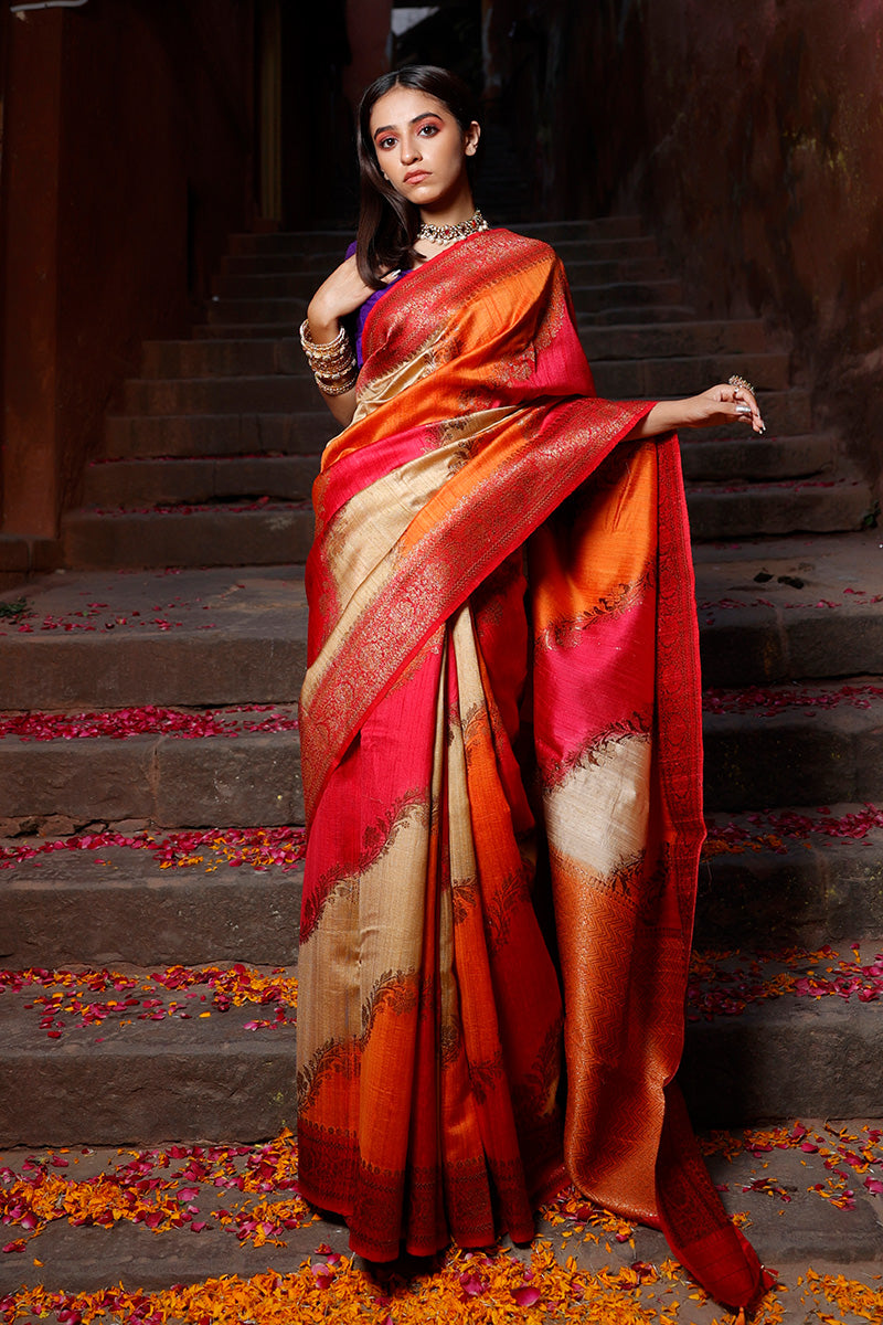 Women In Orange Red Handwoven Raw Silk Saree At Chinaya Banaras