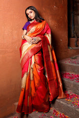 Orange Red Rangkat Handwoven Raw Silk Saree - Chinaya Banaras