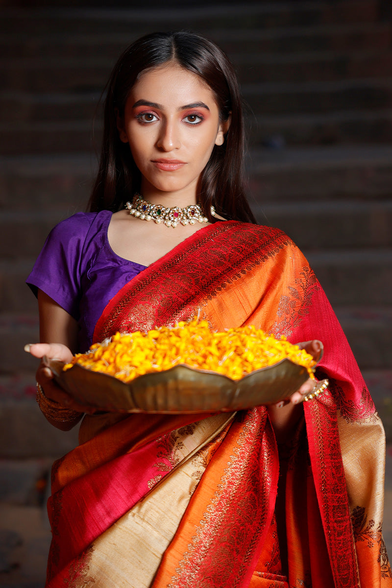 Orange Red Rangkat Handwoven Raw Silk Saree - Chinaya Banaras