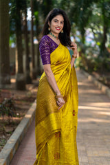 Alkananda Bodapaty In Mustard Yellow Ethnic Handwoven Raw Silk Saree - Chinaya Banaras