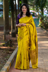 Women In Mustard Yellow Ethnic Handwoven Raw Silk Saree At Chinaya Banaras