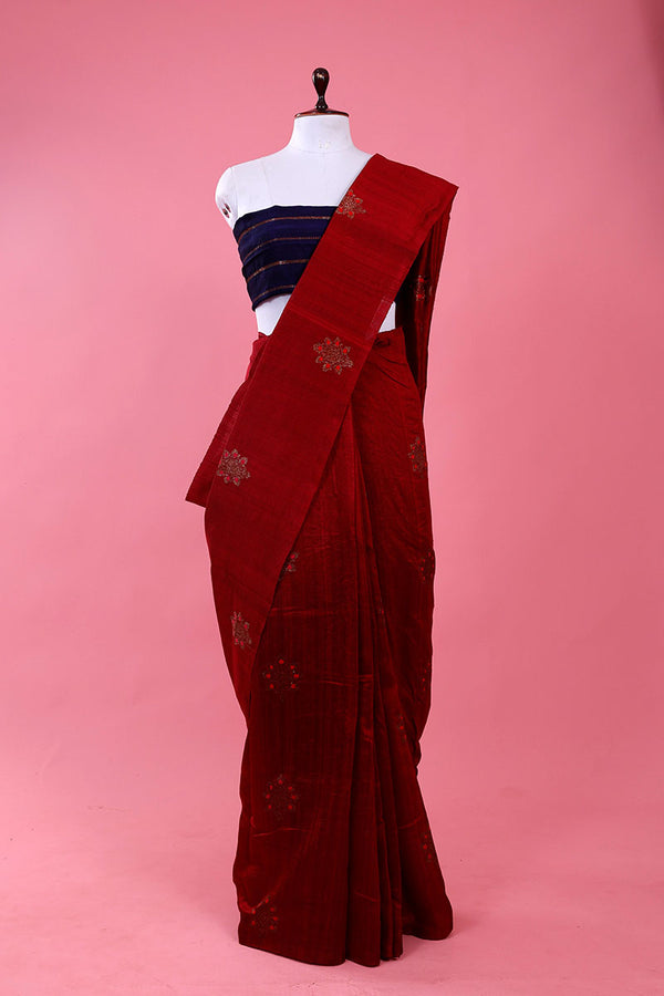 Maroon Ethnic Handwoven Raw Silk Saree At Chinaya Banaras