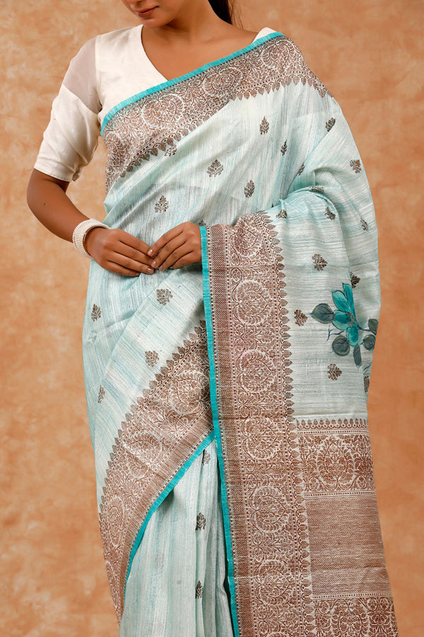 Sky Blue Handpainted Raw Silk Saree