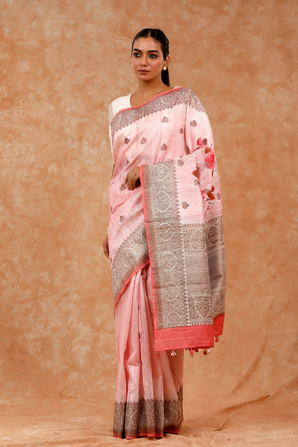 Pink Handpainted Raw Silk Saree By Chinaya Banaras