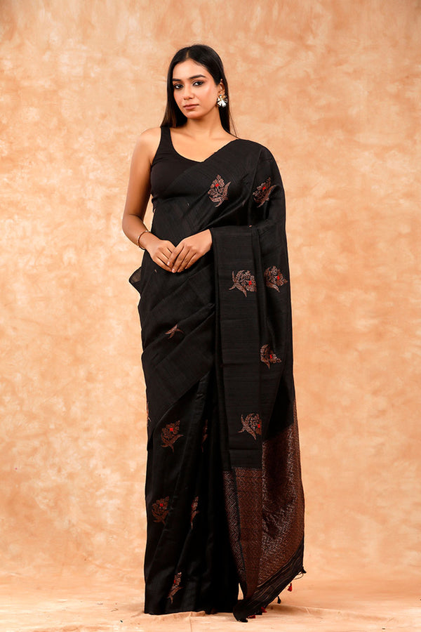 Black Handwoven Raw Silk Saree By Chinaya Banaras