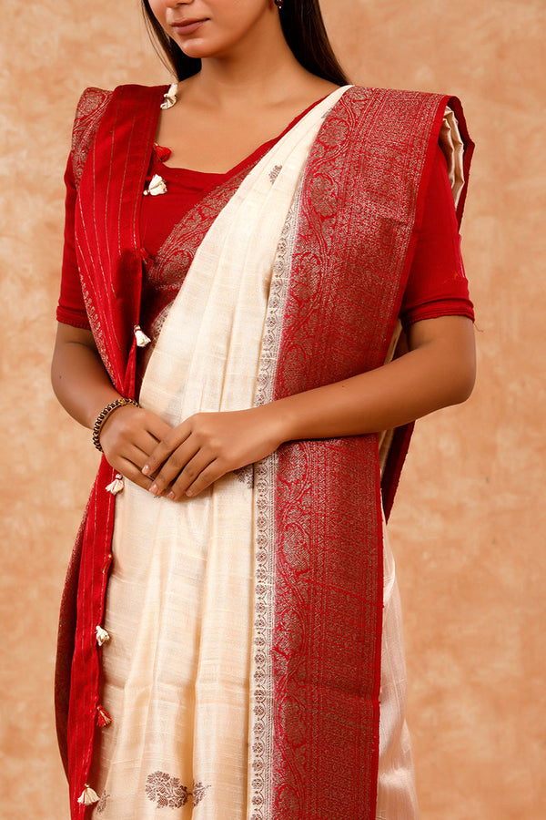 Off White & Red Handwoven Raw Silk Saree