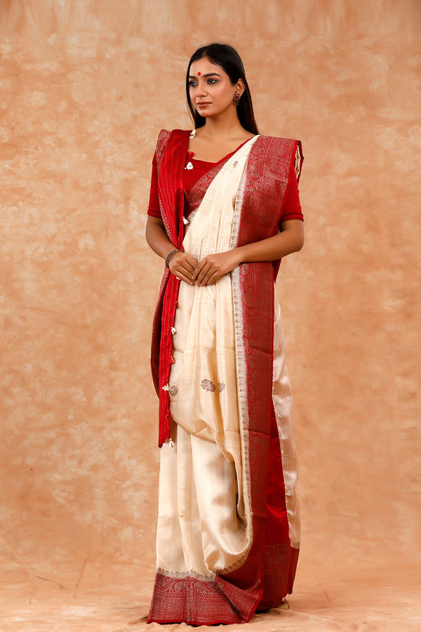 White & Red Handwoven Raw Silk Saree By Chinaya Banaras