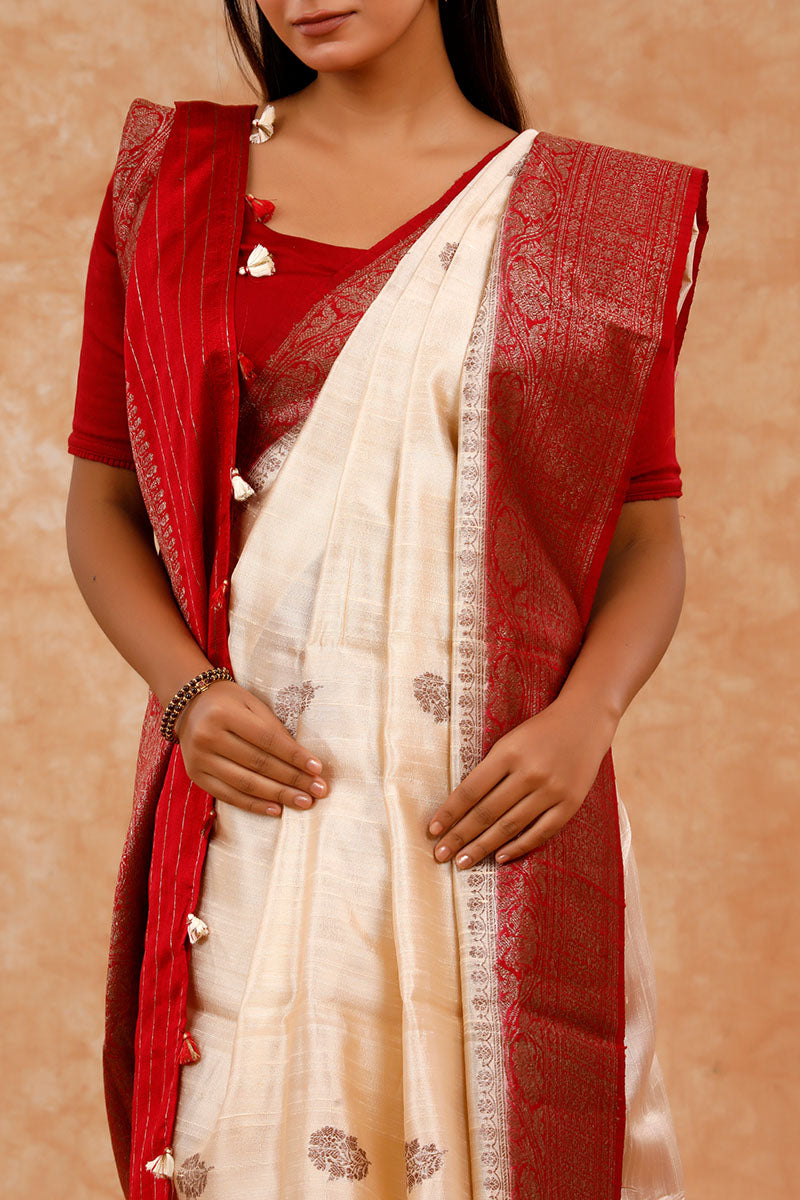 Off White & Red Handwoven Raw Silk Saree