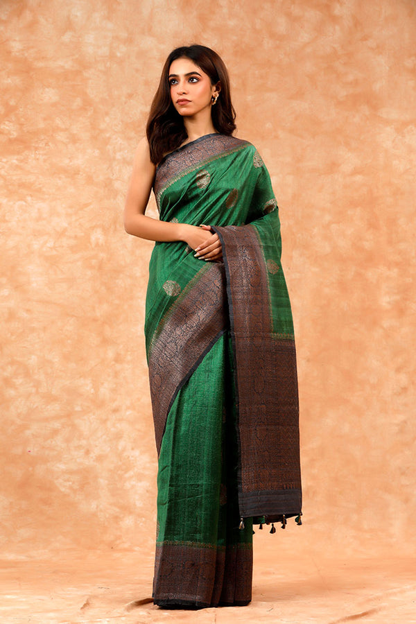 Green Handwoven Raw Silk Saree By Chinaya Banaras