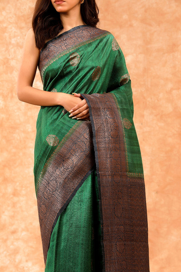 Bottle Green Handwoven Raw Silk Saree