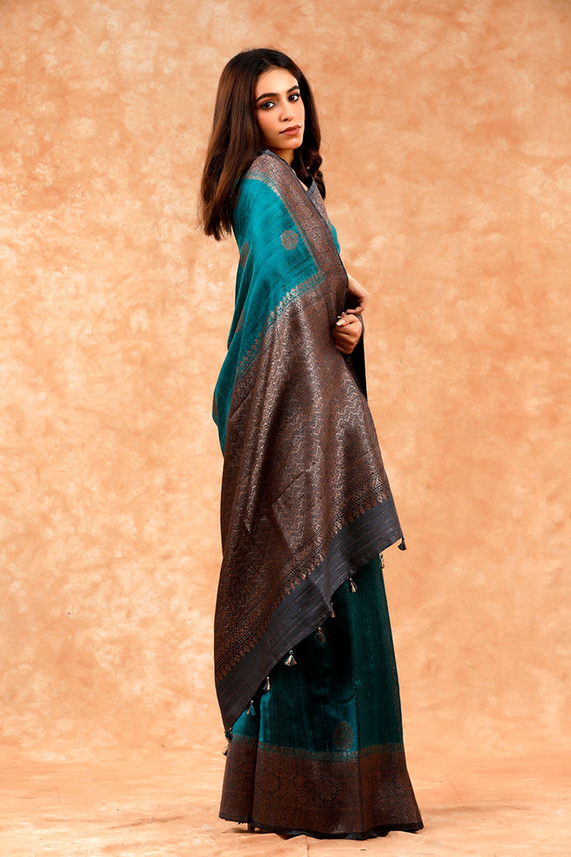 Teal Blue Handwoven Raw Silk Saree