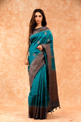 Blue Handwoven Raw Silk Saree By Chinaya Banaras
