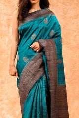 Teal Blue Handwoven Raw Silk Saree