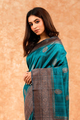 Teal Blue Handwoven Raw Silk Saree