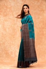 Teal Blue Handwoven Raw Silk Saree