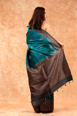 Teal Blue Handwoven Raw Silk Saree