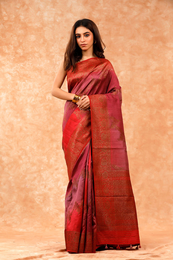 Red Handwoven Raw Silk Saree By Chinaya Banaras