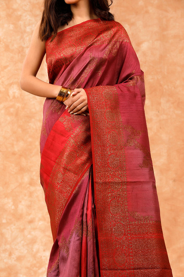 Rust Red Rangkat Handwoven Raw Silk Saree