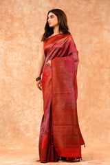 Rust Red Rangkat Handwoven Raw Silk Saree