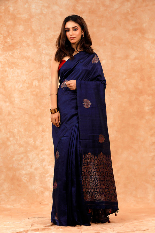 Blue Handwoven Raw Silk Saree By Chinaya Banaras