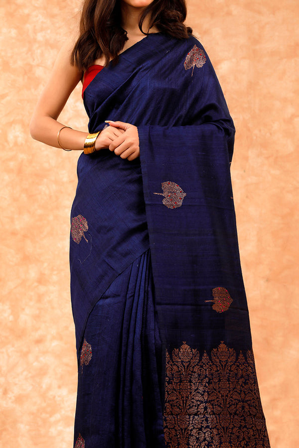 Ink Blue Handwoven Raw Silk Saree