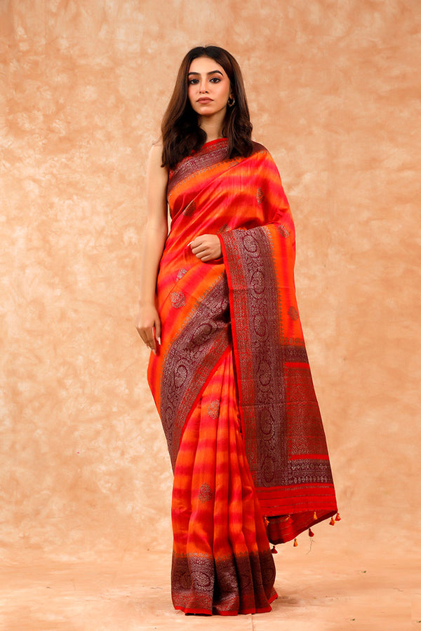 Orange Red Handwoven Raw Silk Saree By Chinaya Banaras