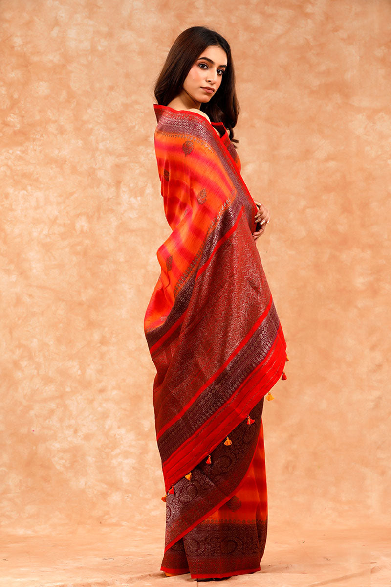 Orange Red Shaded Handwoven Raw Silk Saree