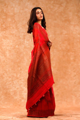 Red Rangkat Handwoven Raw Silk Saree