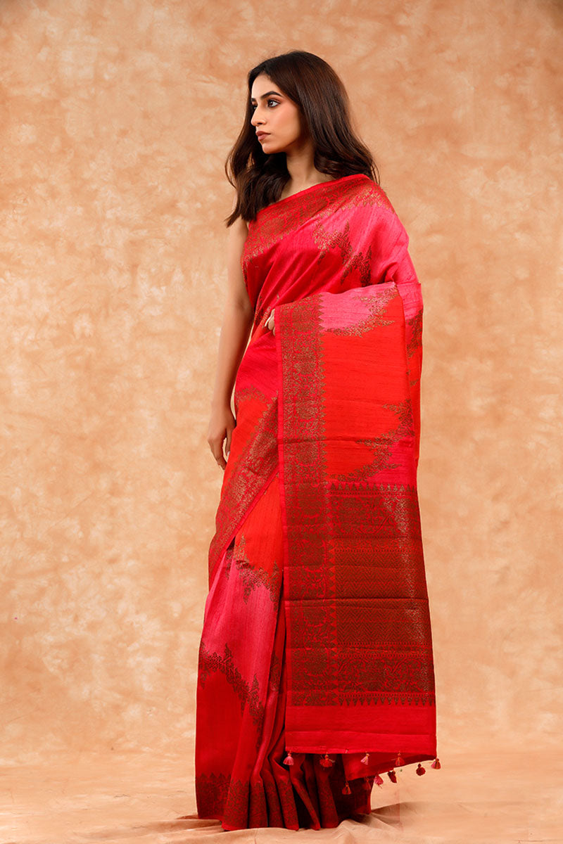 Red Rangkat Handwoven Raw Silk Saree