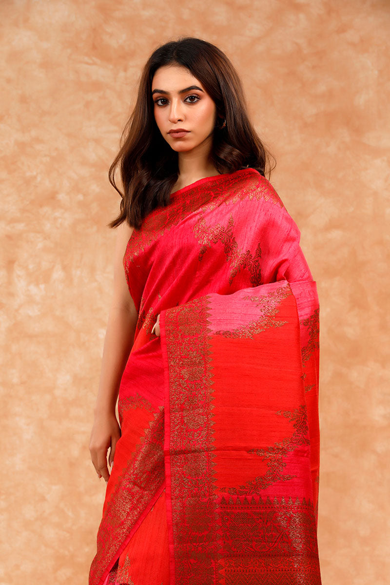 Red Rangkat Handwoven Raw Silk Saree