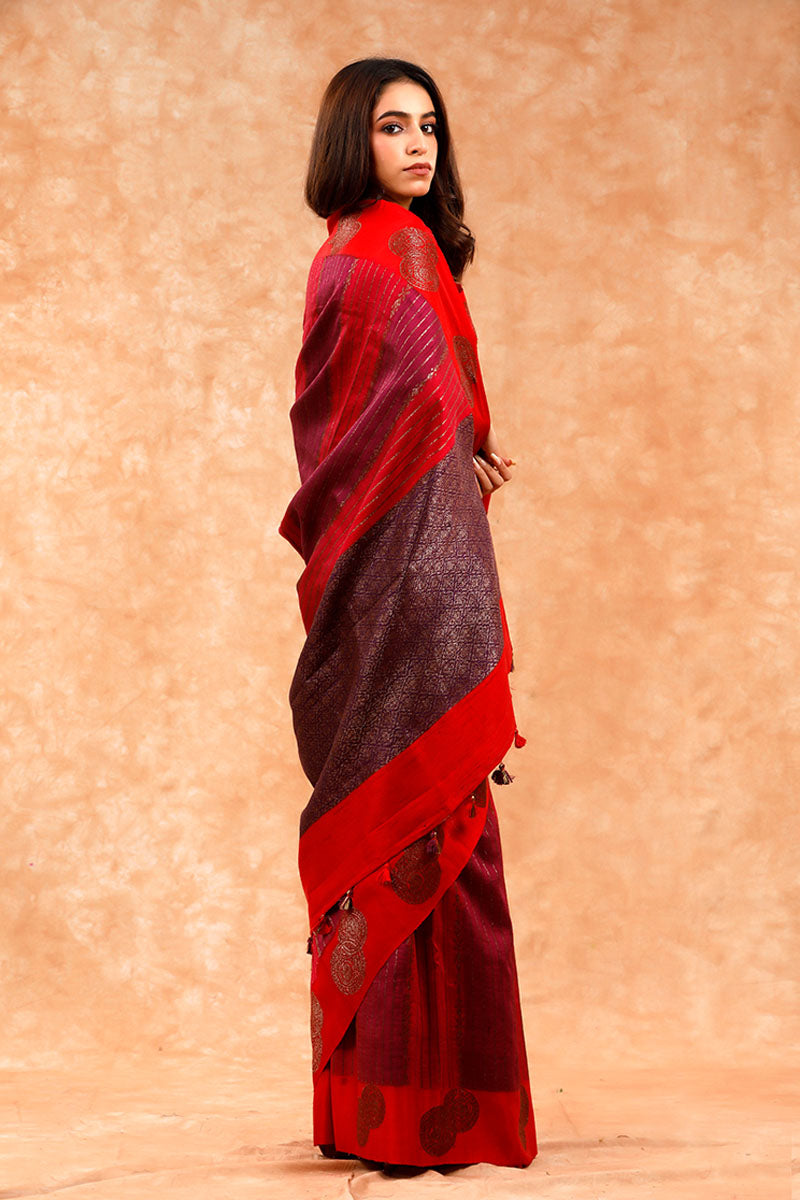 Maroon Rangkat Handwoven Raw Silk Saree