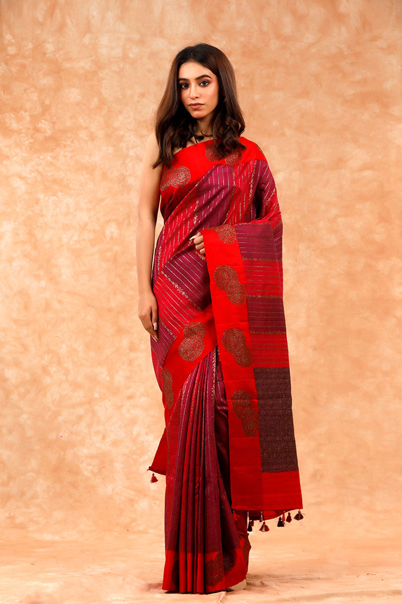 Maroon Handwoven Raw Silk Saree By Chinaya Banaras