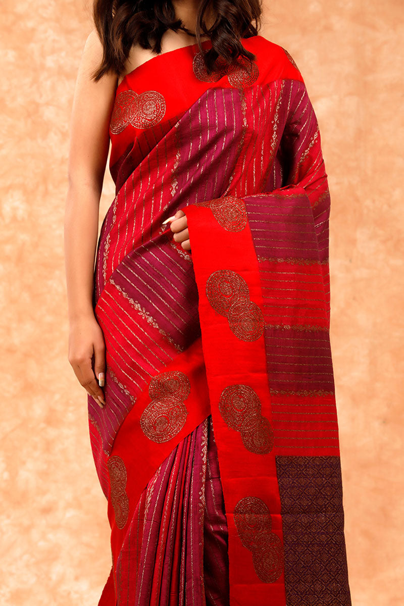 Maroon Rangkat Handwoven Raw Silk Saree