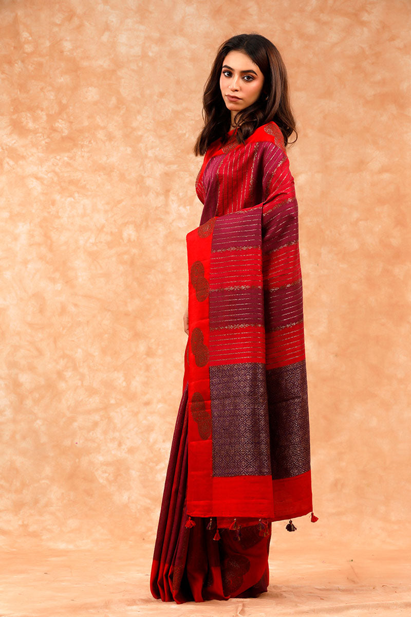 Maroon Rangkat Handwoven Raw Silk Saree