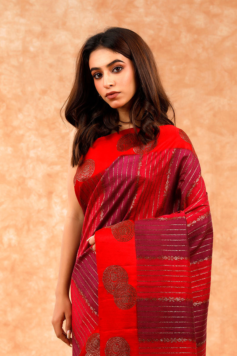 Maroon Rangkat Handwoven Raw Silk Saree