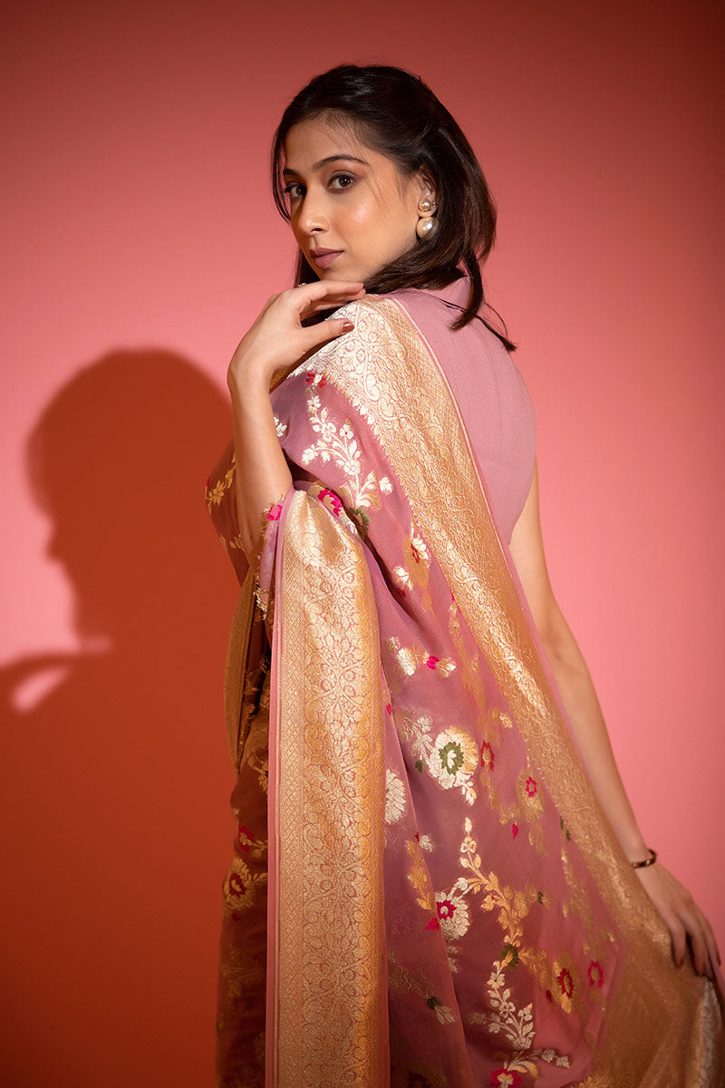 Pastel Mauve Meenakari Floral Jaal Georgette Khaddi Silk Saree