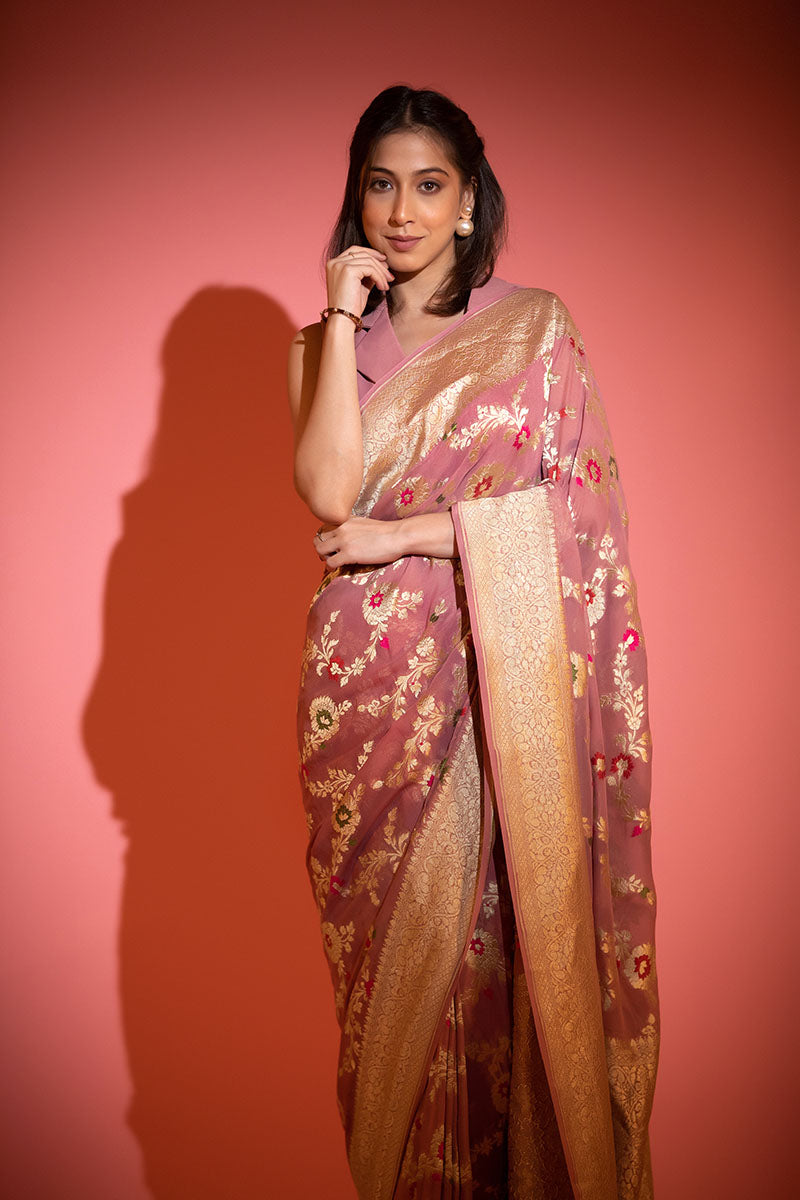 Pastel Mauve Meenakari Floral Jaal Georgette Khaddi Silk Saree - Chinaya Banaras