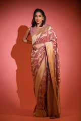 Women In Pastel Mauve Floral Jaal Georgette Khaddi Silk Saree At Chinaya Banaras