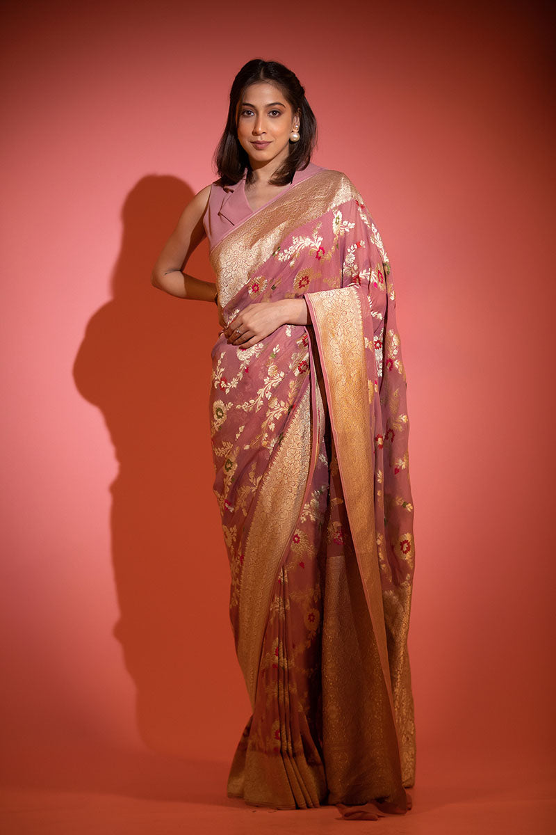 Pastel Mauve Meenakari Floral Jaal Georgette Khaddi Silk Saree
