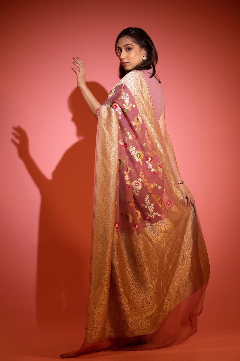 Pastel Mauve Meenakari Floral Jaal Georgette Khaddi Silk Saree