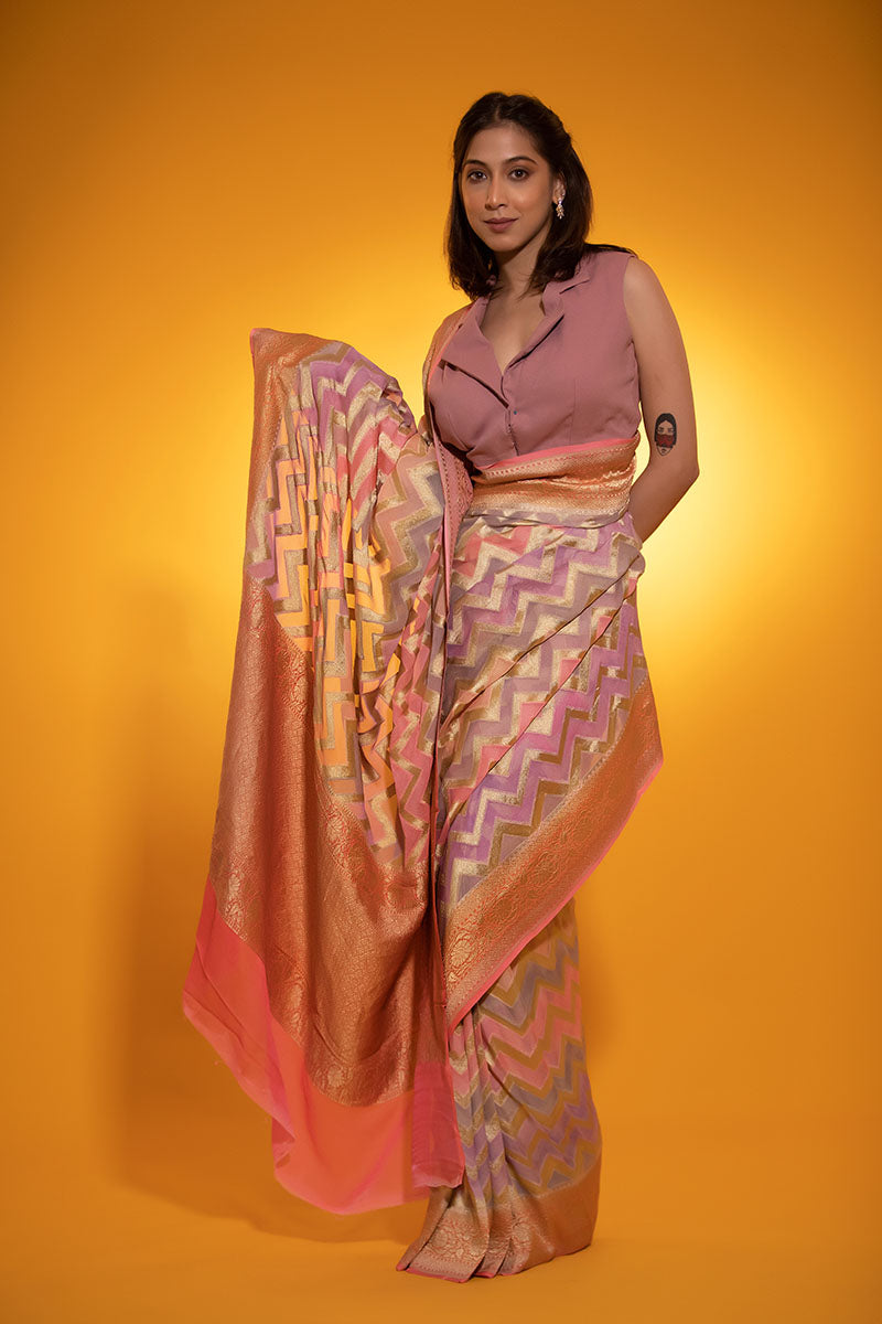 Pastel Peach Rangkat Woven Georgette Khaddi Silk Saree - Chinaya Banaras