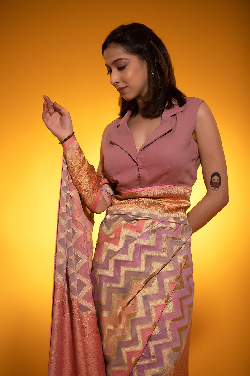 Pastel Peach Rangkat Woven Georgette Khaddi Silk Saree - Chinaya Banaras