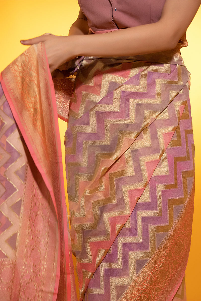 Pastel Peach Rangkat Woven Georgette Khaddi Silk Saree - Chinaya Banaras