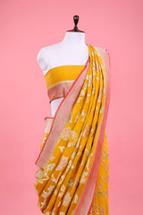 Mustard Yellow Floral Jaal  Handwoven Georgette Khaddi Silk Saree