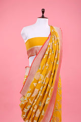 Mustard Yellow Floral Jaal Handwoven Georgette Khaddi Silk Saree - Chinaya Banaras