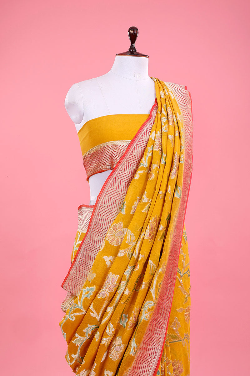 Mustard Yellow Floral Jaal Handwoven Georgette Khaddi Silk Saree - Chinaya Banaras